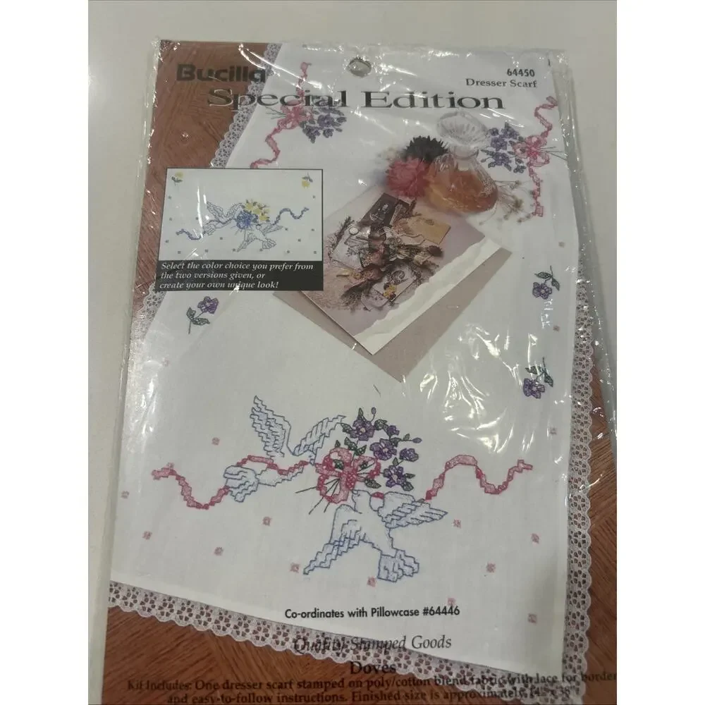Vtg Bucilla Stamped Cross stitch Kit 64450 Dresser Scarf Doily Runner Doves‎ NWT